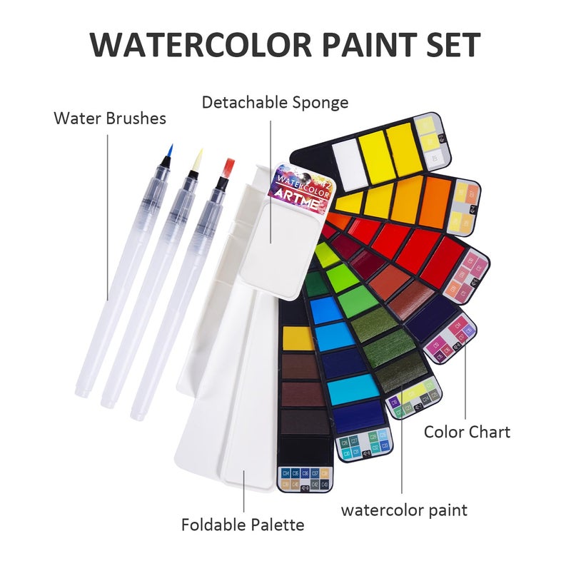 ARTME Watercolor Paint set â€“ 42 Assorted Colors with 3 Brushes â€“ Perfect Foldable Watercolor Field Sketch Set for Outdoor Painting â€“Travel Pocket Watercolor Kit - Image 3